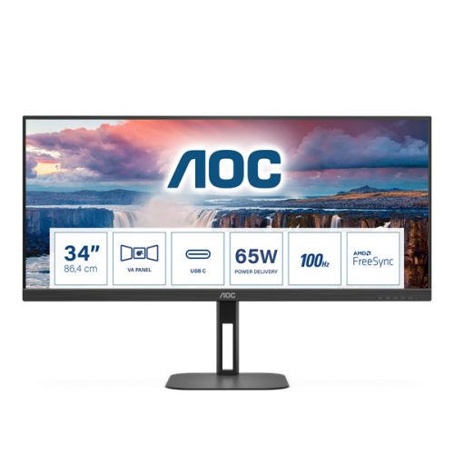AOC VA monitor 34" U34V5C/BK, 3440x1440, 21:9, 300cd/m2, 1ms, HDMI/DisplayPort/USB-C/4xUSB, hangszóró