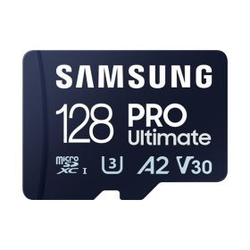 SAMSUNG Memóriakártya, PRO Ultimate microSD with Reader 128GB, Class 10, V30, A2, Grade 3 (U3), R200/W130, +Adapter   SAMSUNG Memóriakártya, PRO Ultimate microSD with Reader 128GB, Class 10, V30, A2, Grade 3 (U3), R200/W130, +Adapter