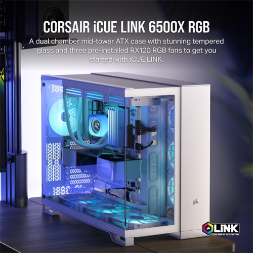 CORSAIR Ház iCUE LINK 6500X RGB, 3x iCUE LINK RX120 RGB Ventilátor, Tápegység nélkül, Edzett Üveg, fehér