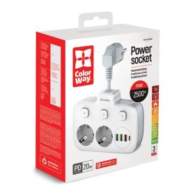 COLORWAY Hálózati elosztó, CW-CHE24PDW, 2 dugalj, 3xUSB-A, 1xUSB-C 2m, fekete   COLORWAY Hálózati elosztó, CW-CHE24PDW, 2 dugalj, 3xUSB-A, 1xUSB-C 2m, fekete