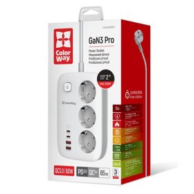 COLORWAY Hálózati elosztó, CW-CHE34PDW, 3 dugalj, 4xUSB (2xUSB-A, 2XTYPE-C) GaN3 Pro PD 2m, 65W, fekete   COLORWAY Hálózati elosztó, CW-CHE34PDW, 3 dugalj, 4xUSB (2xUSB-A, 2XTYPE-C) GaN3 Pro PD 2m, 65W, fekete