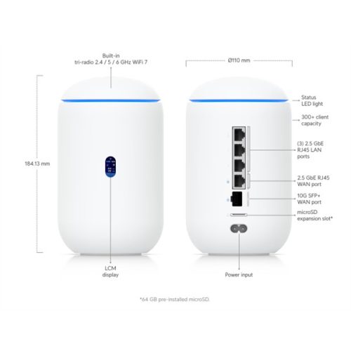 UBiQUiTi Dream Router TriBand 3x2,5Gbps (LAN) 1xPOE Out + 2xWAN (SFP+, RJ45), WiFi7, Asztali - UDR7