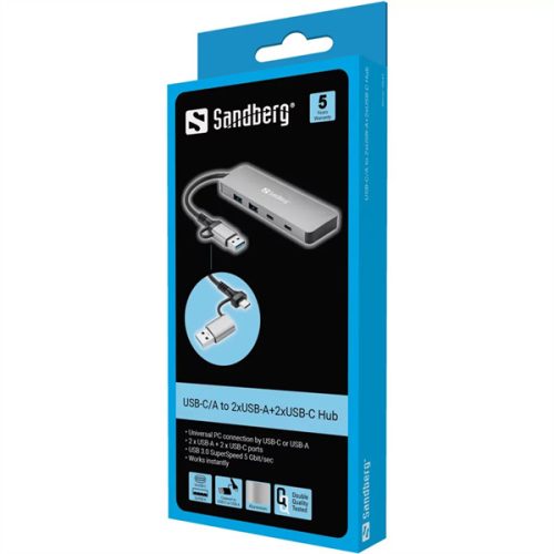 SANDBERG Hub és elosztó, USB-C/A to 2xUSB-A+2xUSB-C Hub