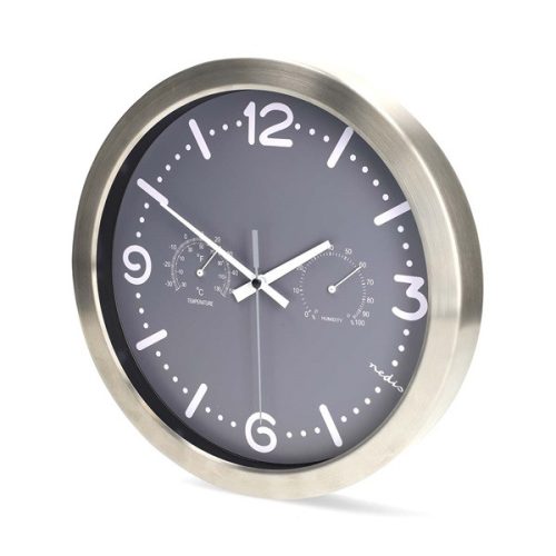 Nedis CLWA5226SS falióra, 30 cm átmérő,  rozsdamentes acél, csendes szerkezet: óra, hőmérő, páratartamom mérő