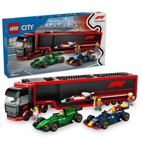 LEGO® City F1®-es kamion, RB20 és AMR24 F1®-es autókkal, játék versenyautó-szállítót tartalmazó szett 60445