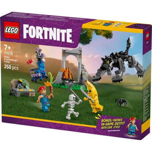 LEGO® Fortnite® Peely és Sparkplug táborhelye, videójátékon alapuló építőszett 77075