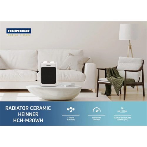 HEINNER HCH-M20WH Kerámia fűtőtest, 900W/1300W/2000W, állítható termosztát. túlmelegedés és borulás védelem, Fehér