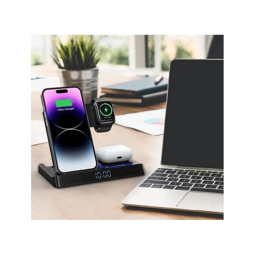 WiWu Wi-W006 5 az 1-ben vezeték nélküli töltő és ébresztő óra fekete