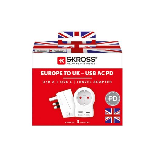 SKROSS 1.500283-E utazó adapter, Europe to UK", USB-C + USB-A 20W PD, gyorstöltés"
