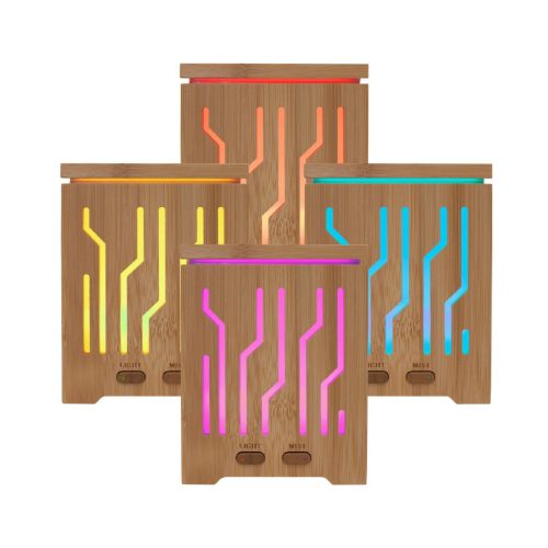 Home AD 200 aromadiffúzor, ultrahangos hidegpárásító, bambusz alapzat és fedél, 200 ml kapacitás, folyamatos színváltás,  tartozék hálózati adapter 