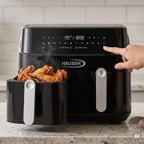 HAUSER AF-2450 air fryer, forrólevegős fritőz, max. 1750 W, 2 x 4,5 liter kapacitás, max. 200 ℃, digitális kijelző, időzítő, fekete színű