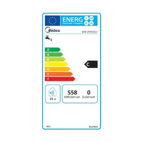 MIDEA D30-25VD1(U) elektromos vízmelegítő, bojler, 2500 W, 30 liter, konyhapult alá szerelhető, IPX4, zománcozott, 30-75 °C, 0,75 MPa