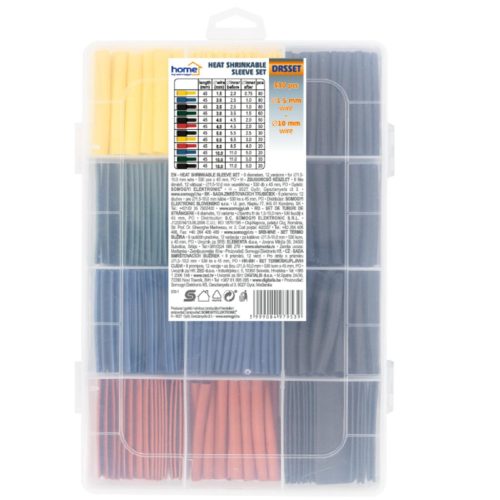 HOME DRSSET zsugorcső készlet, 530db x 45mm, vegyes színekben, 8 féle átmérő, 12 változat, 1.5-10mm vezetékhez, 2-11mm belső átmérővel, tároló dobozban