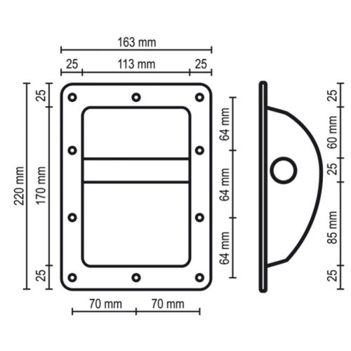 SAL HT 203 süllyesztett fogantyú hangfalhoz, fém, 220 x 163 x 60 mm