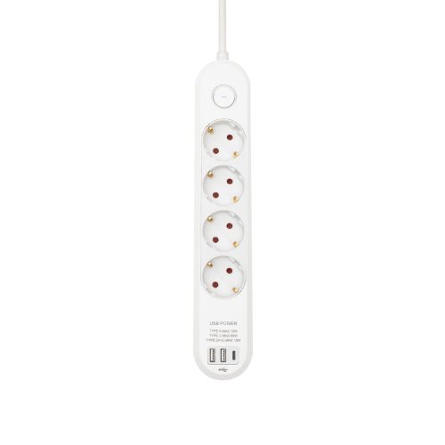 HOME NV4KUSBC hálózati elosztó, 1,5 m, H05VV-F 3G1,5 mm2 kábel, 4 védőérintkezős aljzat, USB töltőaljzat, max. 3680W, kétpólusú kapcsoló, beltéri kivitel