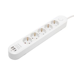   HOME NV5K3USBC hálózati elosztó, 3 m, H05VV-F 3G1,5 mm2 kábel, 5 védőérintkezős aljzat, USB töltőaljzat, max. 3680W, kétpólusú kapcsoló, beltéri kivitel