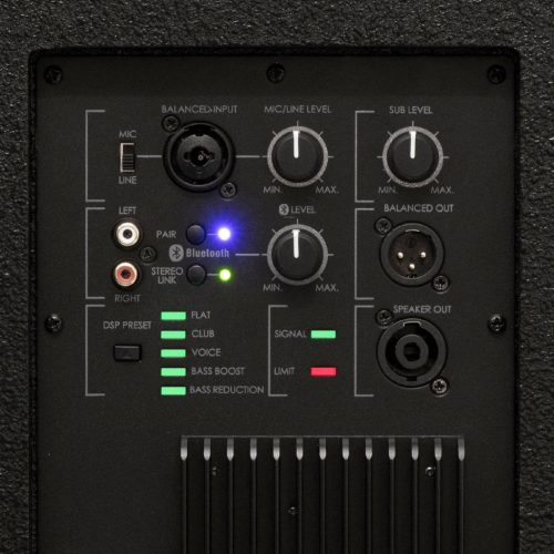 SAL PAS10W43S professzionális oszlopsugárzó hangrendszer, max. 800 W, 25cm mélysugárzó, 4x3” szélessávú satellit hangszóró, aktív zenekari hangdoboz, Bluetooth, fém állvány