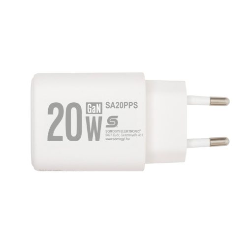 HOME SA20PPS USB hálózati gyorstöltő, 20 Watt, 2in1: USB-A + USB-C aljzat, QC + PD + PPS gyorstöltés, GaN technológia