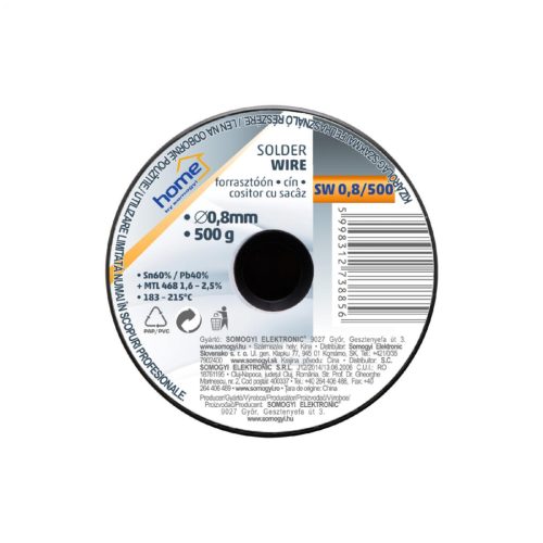 Home SW 0,8/500 forrasztóón, 0,8mm, 500g, európai gyártótól származó kiváló minőségű forrasztóón, összetétel: SN/PB: 60/40%, gyanta: 2,0%