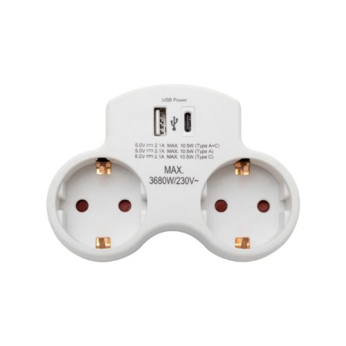 HOME TPF2USBC USBC hálózati töltő, 2.1A, max. 3680 W, 2 db földelt hálózati aljzat gyermekvédő zsaluval