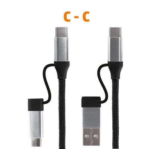 Home USB MULTI 4in1 töltőkábel, USB-C, microUSB, USB-A, QC, PD, szőtt nejlon, 480 Mbps, 60Wmax, 1,5m vezeték