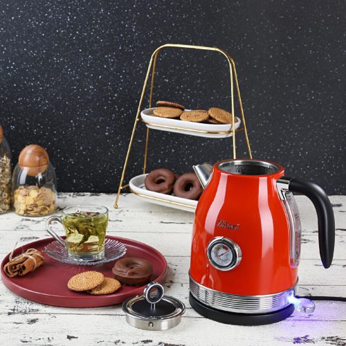 Zilan ZLN7033 retró vízforraló, 2200 W, 1,7 liter, hőmérsékletkijelzés, 360°-ban forgatható, piros